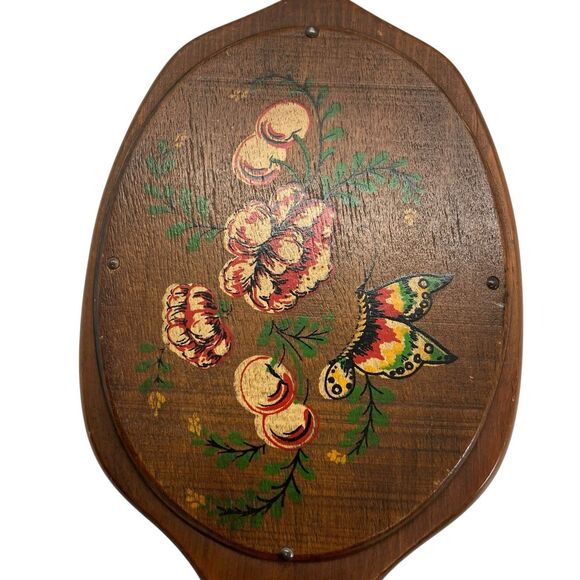 Vintage Mirror Hand Painted Wooden Floral Cherries Butterfly Handheld Vanity - Picture 3 of 13